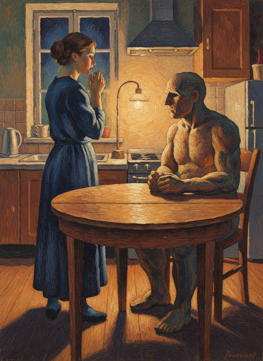 But the effigy crossed the kitchen, gave her a smacking kiss and sat down at the table.