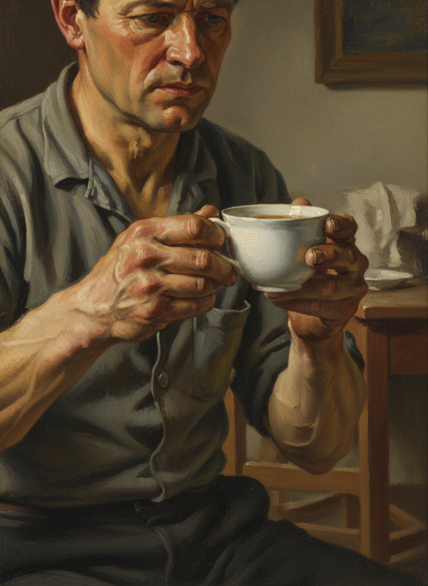 He leaned forward, big scarred hands around his teacup.