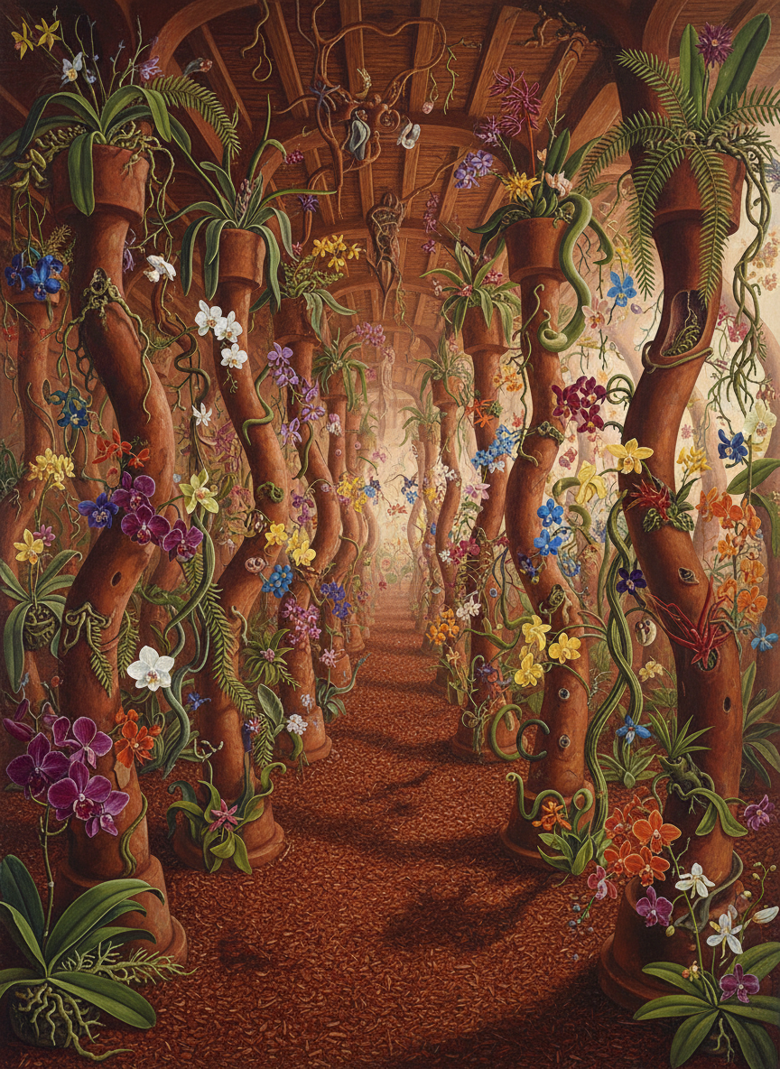 Anne had made a conservatory out of it, stood pieces of terra-cotta pipe of differing lengths and girths upright, then filled them with soil and planted trailing, dangling things in them; orchids of every kind and color, ferns, exotic creepers and bushes.