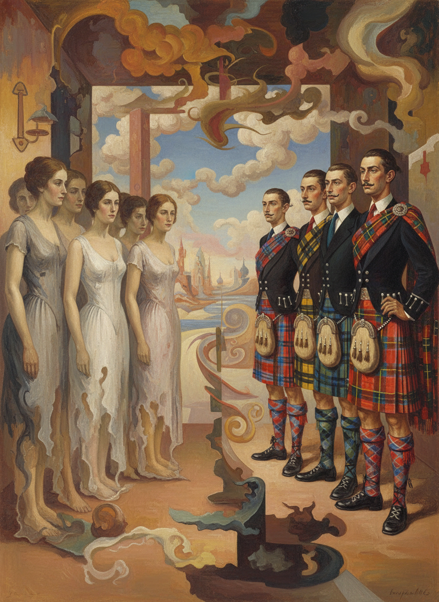 So the women wore their dowdy North Queensland cotton dresses; which stuttered into limp silence beside the men’s kilts.