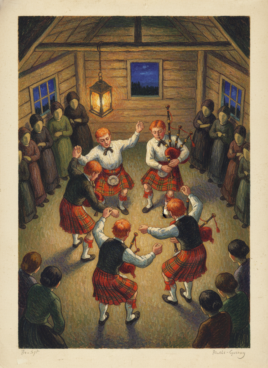 At midnight the women were relegated to standing around the walls; the pipers skirled into “Caber Feidh” and the serious dancing began.