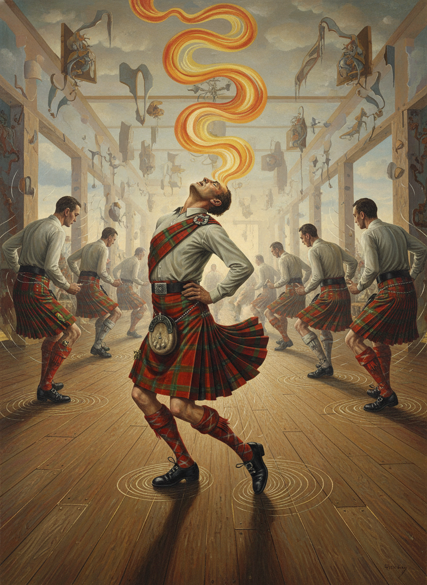 Reels, strathspeys, flings; they danced them all, feet on the board floor sending echoes among the rafters, buckles on shoes flashing, and every time the pattern changed someone would throw back his head, emit that shrill, ululating whoop, set off trains of cries from other exuberant throats.