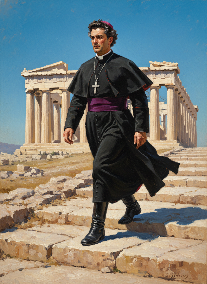 Walking rapidly, as usual in boots, breeches and soutane, he strode up the rocky ramp to the Acropolis, through the frowning Propylon, past the Erechtheum, on up the incline with its slippery rough stones to the Parthenon, and down to the wall beyond.