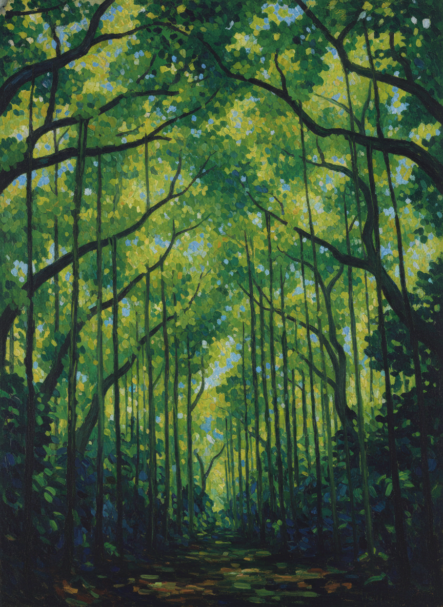 The bulk of it was quite invisible under the weight of leafy vines lying sagging from treetop to treetop, continuous and endless, like a vast sheet of green velvet flung across the forest.