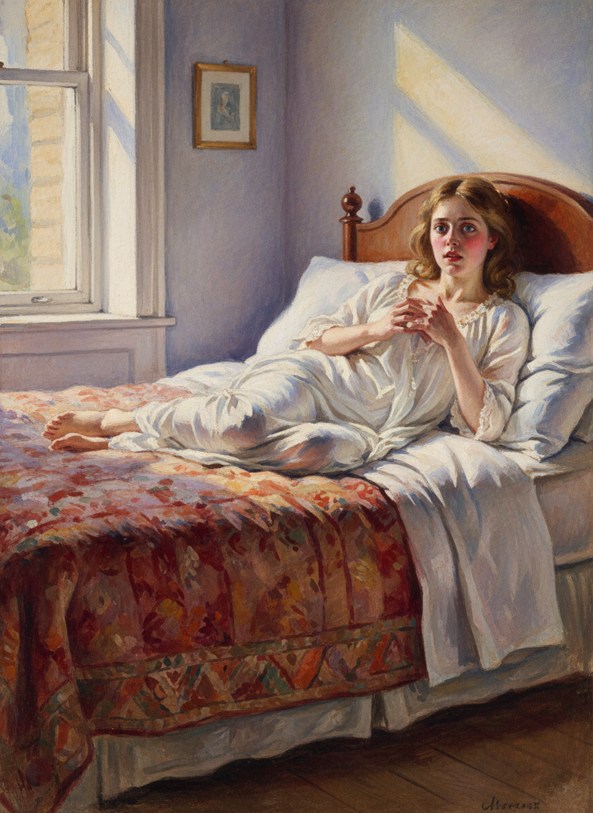 Meggie was lying on the bed, wide-eyed and giving no indication of pain except for an occasional spasm of her hands, a drawing-in of her body.