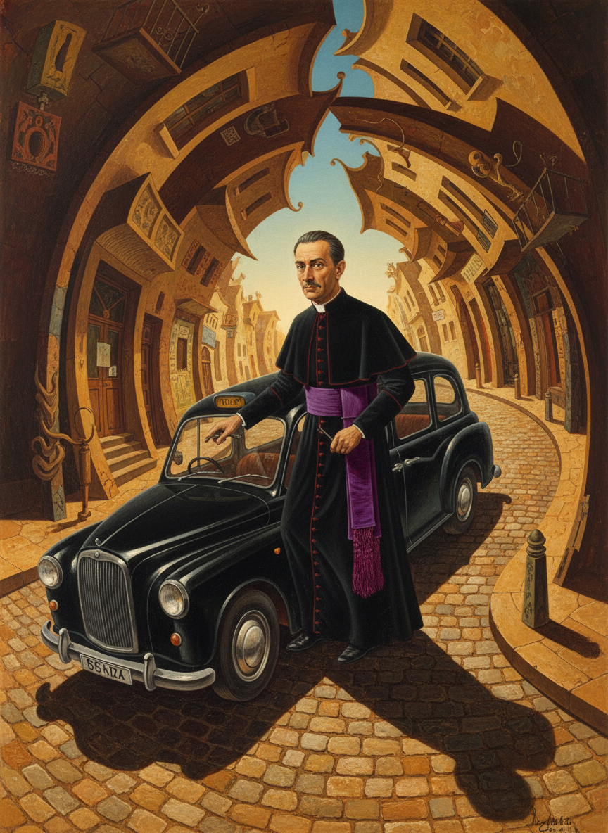 A man in a long, flowing black soutane got out, a purple grosgrain sash about his waist.