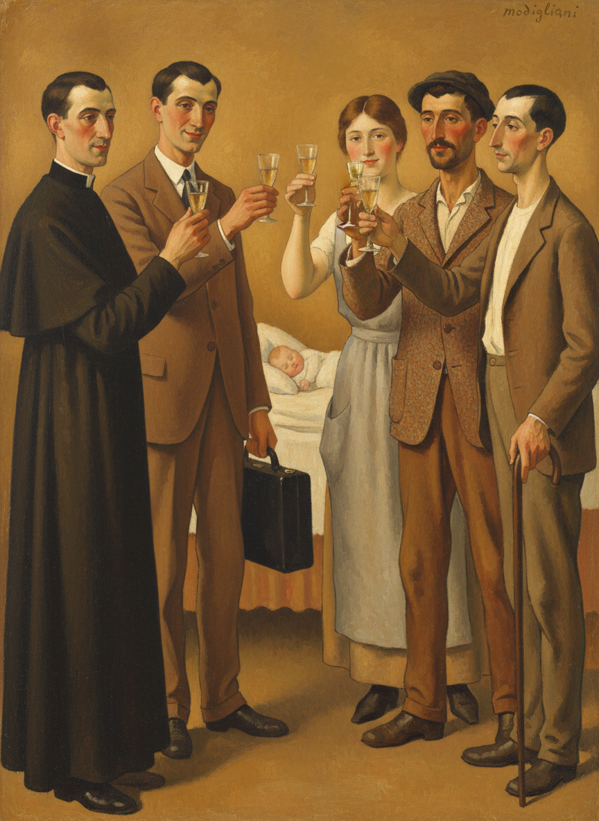 Jubilant, Luddie broke out the bottle of champagne he had been saving, and the five of them stood with their glasses brimming; priest, doctor, midwife, farmer and cripple toasted the health and well-being of the mother and her screaming, crotchety baby.