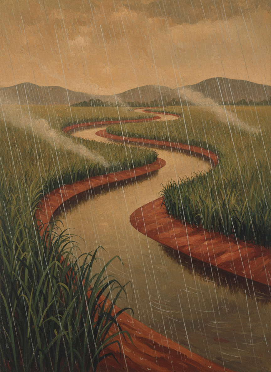 The humidity climbed to 100 percent and stayed there; every day for hours the rain roared and whipped about Himmelhoch, melting the scarlet soil, drenching the cane, filling the wide, deep Dungloe River but not overflowing it, for its course was so short the water got away into the sea quickly enough.