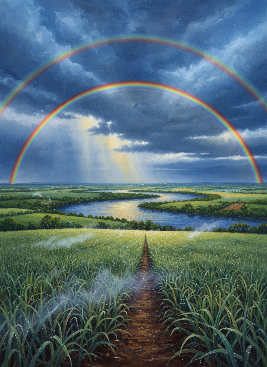 Then hanging right across the vault of the sky a double rainbow would materialize, perfect throughout its length on both bows, so rich in its coloring against the sullen dark-blue clouds that all save a North Queensland landscape would have been paled and diminished.