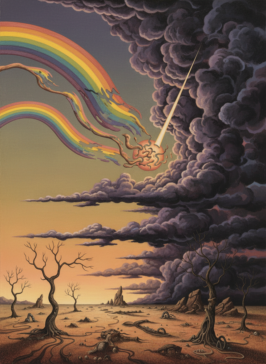 The rainbows had gone, so had the sun; it was getting ready to rain again.