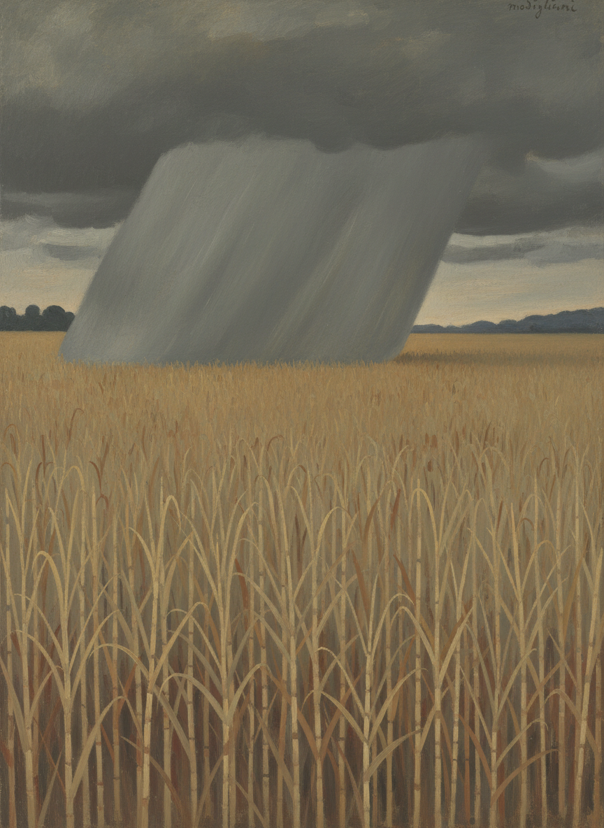 The rain was beginning to inch its way across the dimming cane blotting out everything behind its edge, like a grey cleaver.