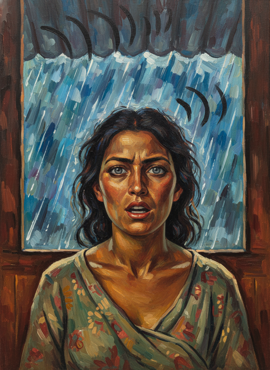 The grey eyes were the same color as the rain falling in sheets all around the house; their voices had risen to shouting pitch to be audible above the incredible din on the iron roof.