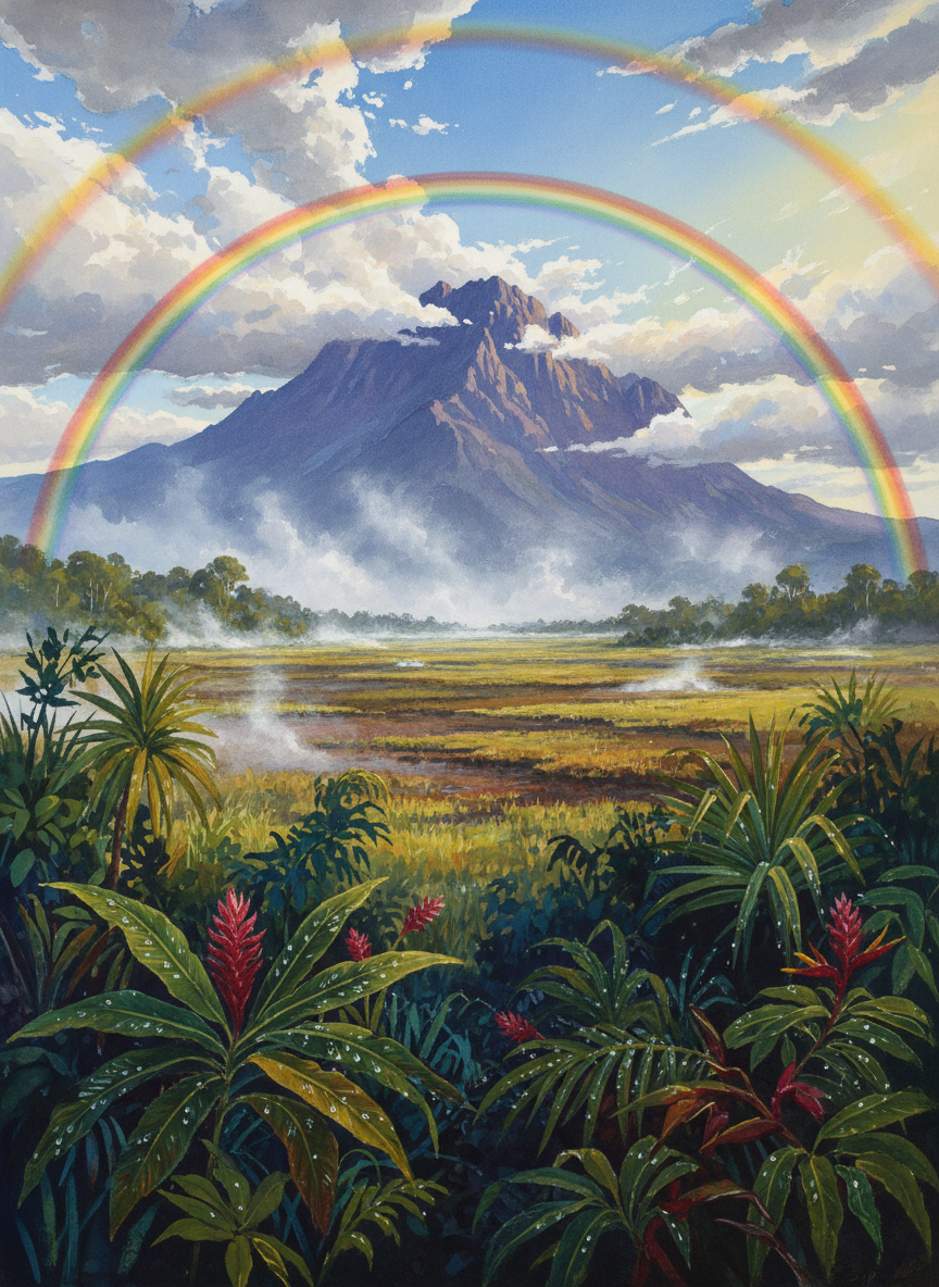 The rain stopped as suddenly as it had begun; the sun came out, the rainbows waxed to full glory in the steamy sky, Mount Bartle Frere loomed lilac out of the scudding clouds.