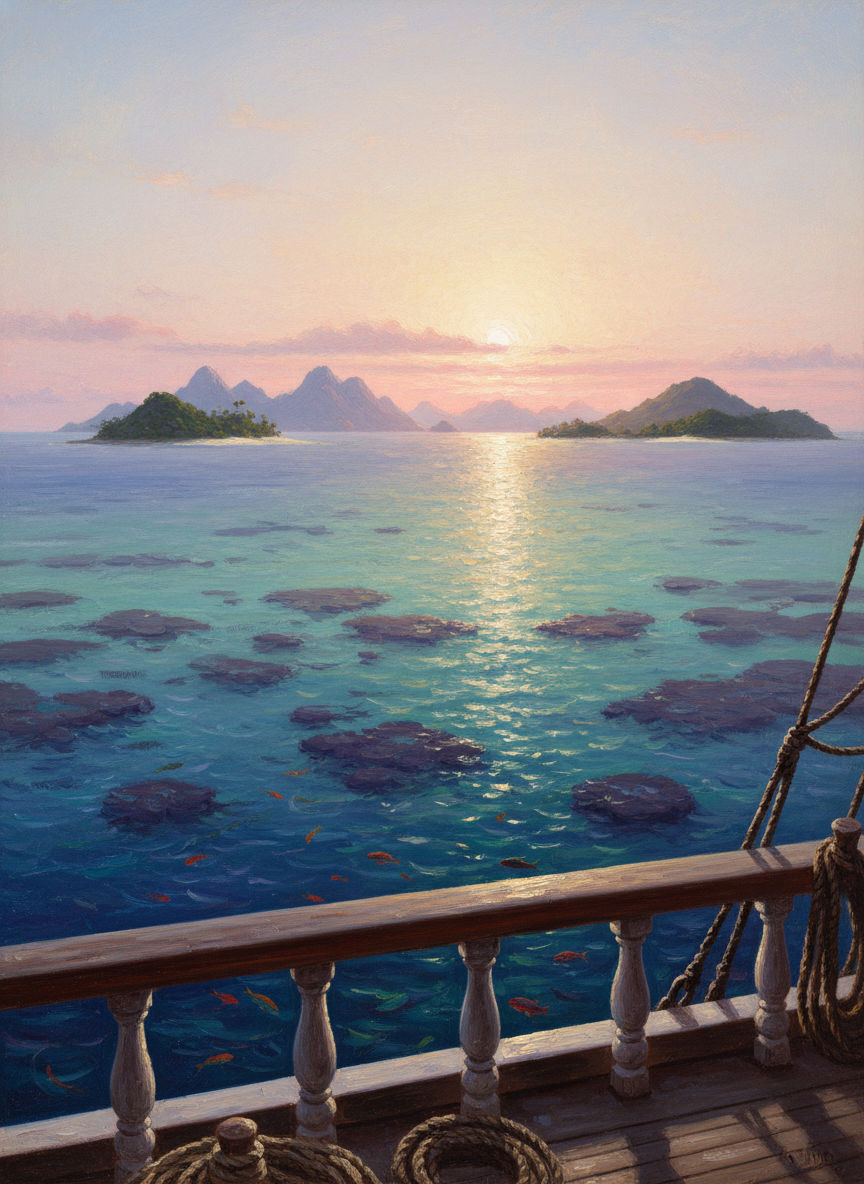In a high clear sky, delicately colorless, a pink and pearly glow suffused slowly upward from the eastern rim of the ocean until the sun stood above the horizon and the light lost its neonatal redness, became day.