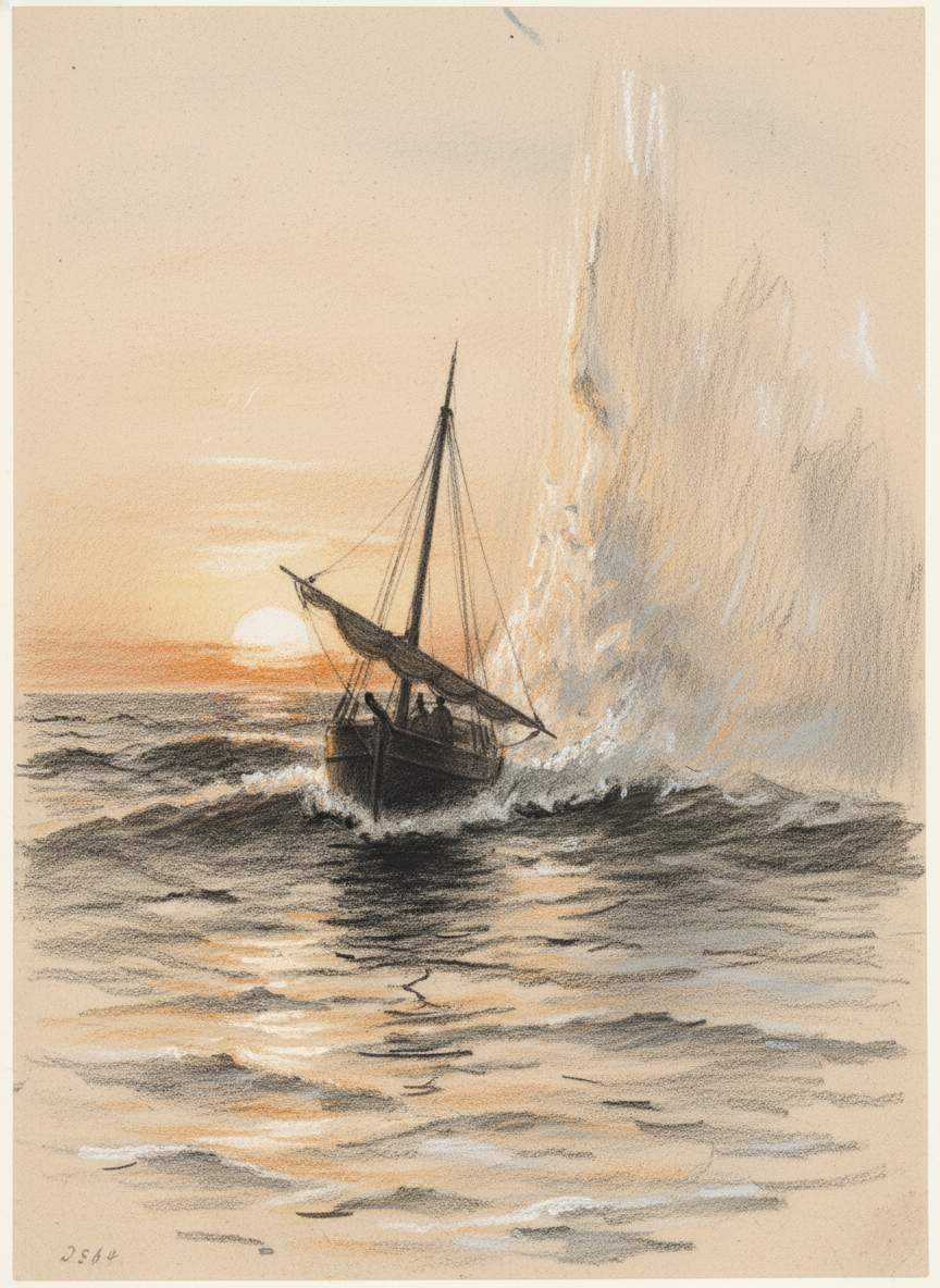 And an hour before sundown the little ship heaved its way through the backwash of the surf whose spume rose like a towering misty wall into the eastern sky.