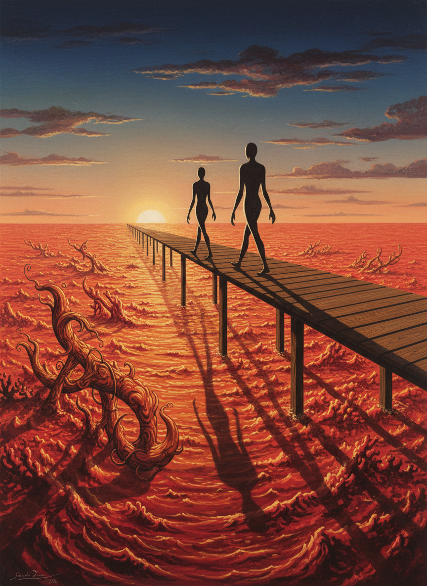 They walked together down the uneasy planking, the exposed coral molten in the dying sun and the fearsome sea a reflected, tumultuous glory of crimson foam.