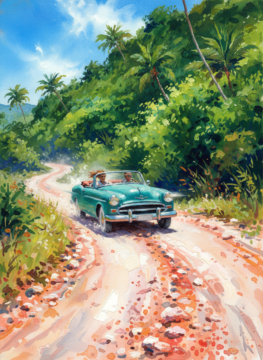 They hurtled with the careless speed natural to the only car on Matlock down a narrow road of crunchy coral bones, through palms and thick undergrowth with a tall hill rearing to one side, perhaps four miles across the island’s spine.
