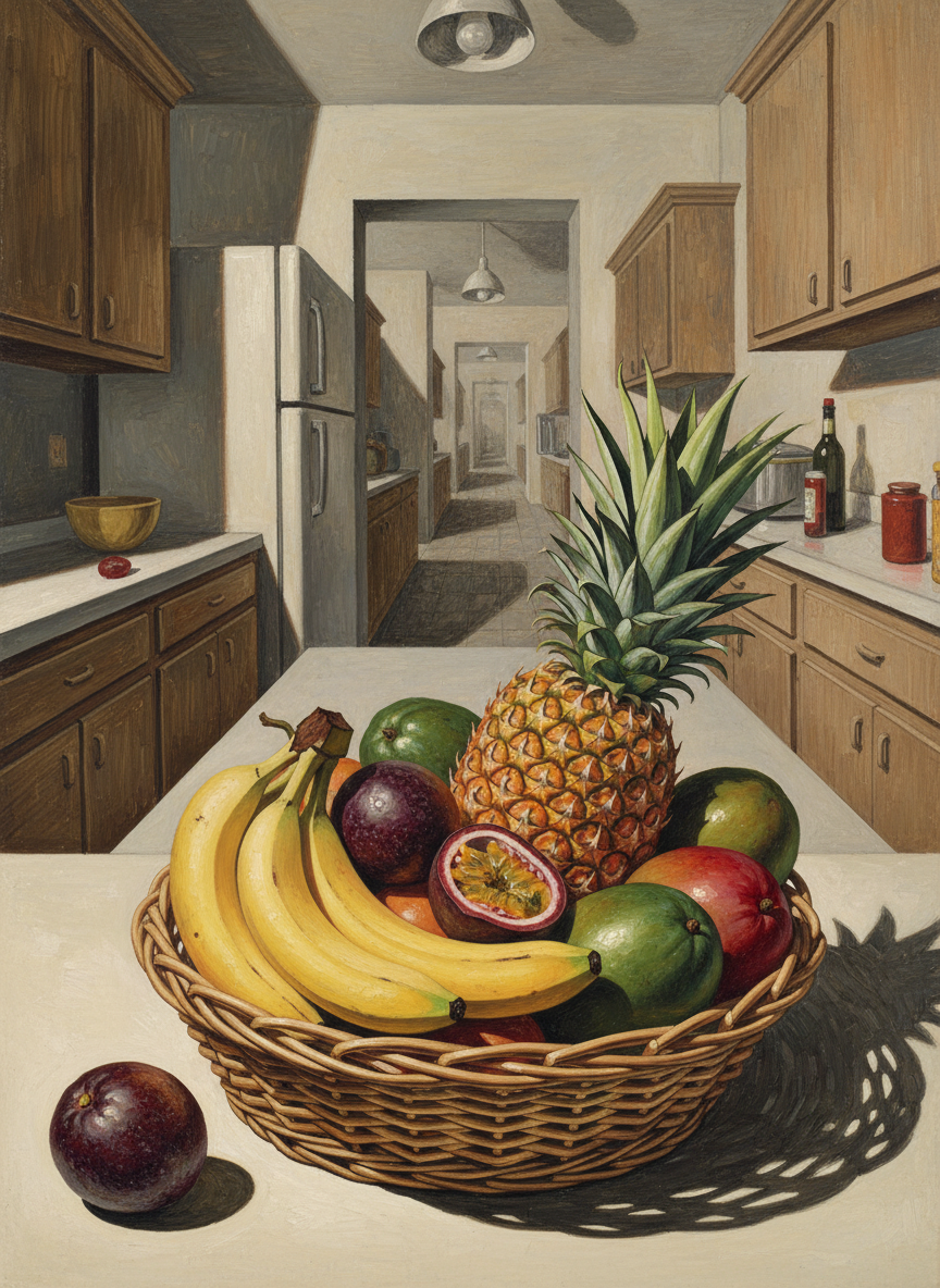 Both the refrigerator and the overhead cupboards were well stocked with food, and on the counter stood a great basket of bananas, passionfruit, pineapples and mangoes.