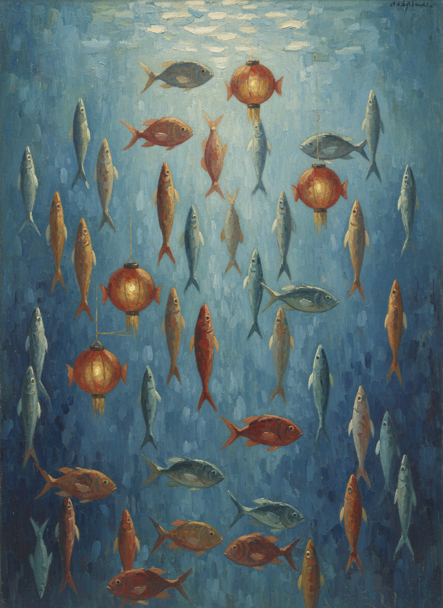 Like living jewels they darted in thousands upon thousands, round like Chinese lanterns, slender like bullets, raimented in colors which glowed with life and the light-splitting quality water imparts, some on fire with scales of gold and scarlet, some cool and silvery blue, some swimming rag bags gaudier than parrots.