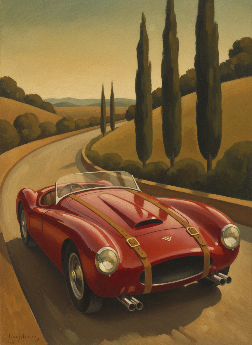 A red English sports car roared off the Dunny road and up the long, hilly drive; it was new and expensive, its bonnet strapped down with leather, its silver exhausts and scarlet paintwork glittering.