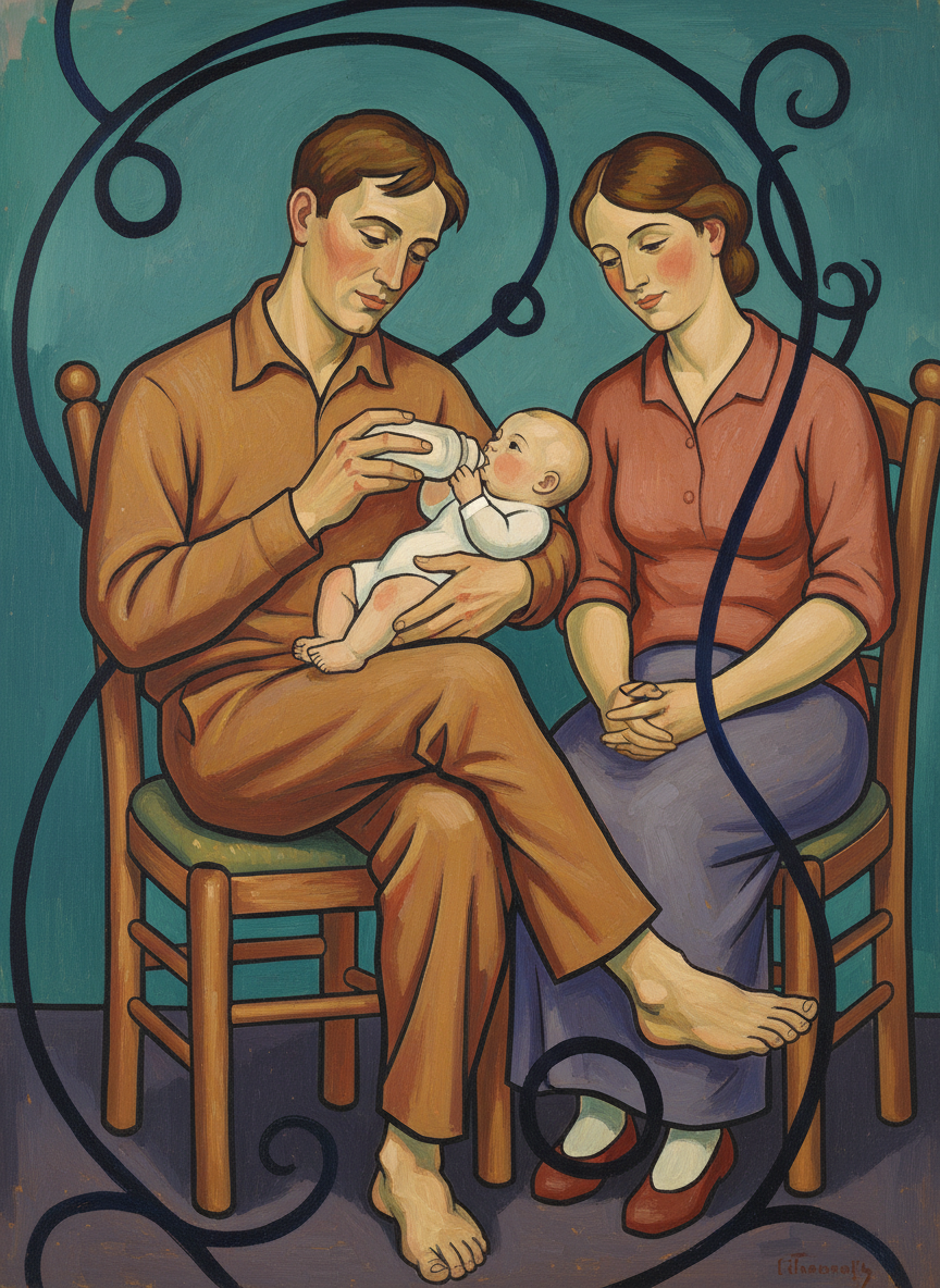 He settled into a chair alongside Anne, took baby and bottle and continued to feed her, his legs crossed casually.