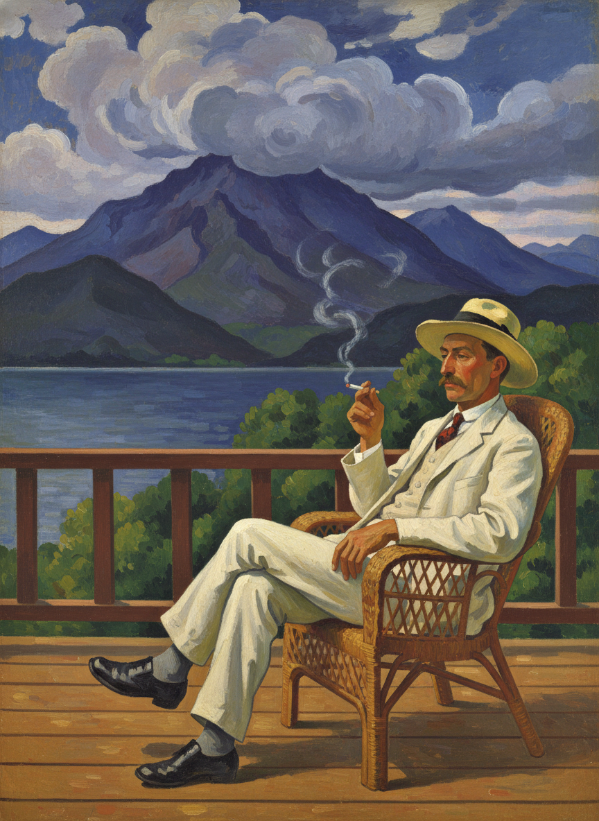 It, too, he smoked down steadiliy, not once lifting his gaze from the far mountains and the monsoon clouds lowering the sky.