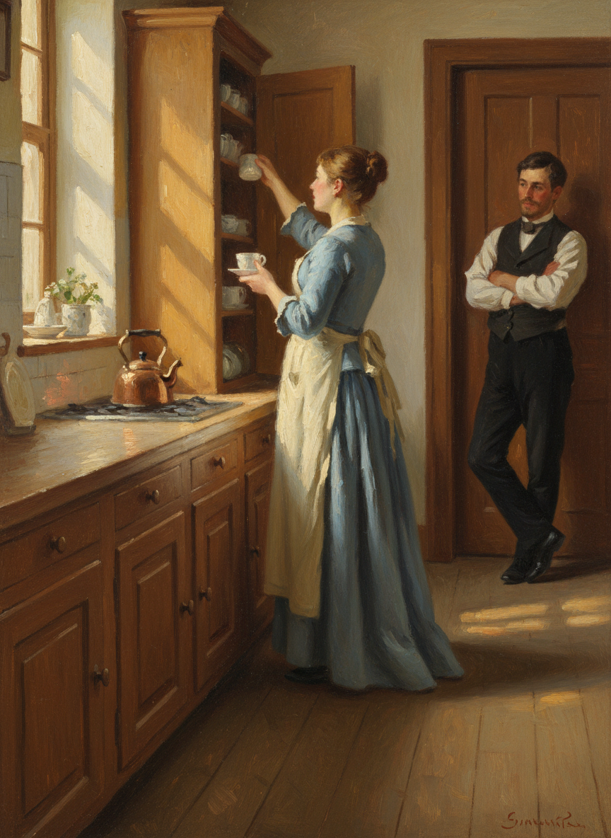 He followed her into the kitchen and watched while she plugged in an electric jug, filled the teapot from a little hot-water geyser over the sink, and busied herself getting cups and saucers down from a cupboard.