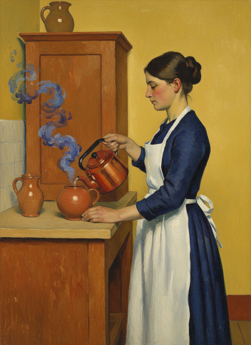 The jug boiled, she emptied the hot water out of the teapot, spooned loose tea into it and filled it with bubbling water.