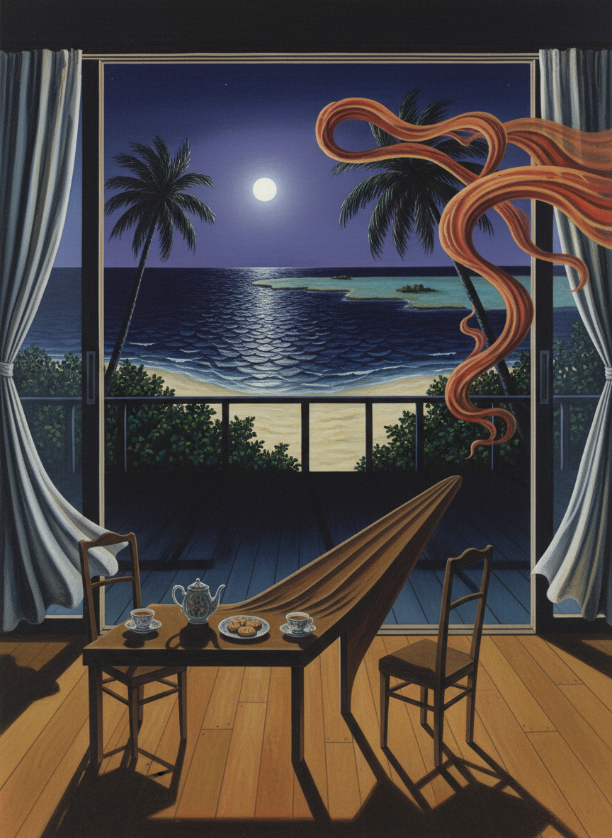 Full darkness had fallen with tropical suddenness, but the air through the wide-open sliding doors was filled with the lapping of water, the distant surf on the reef, the coming and going of the warm soft wind.