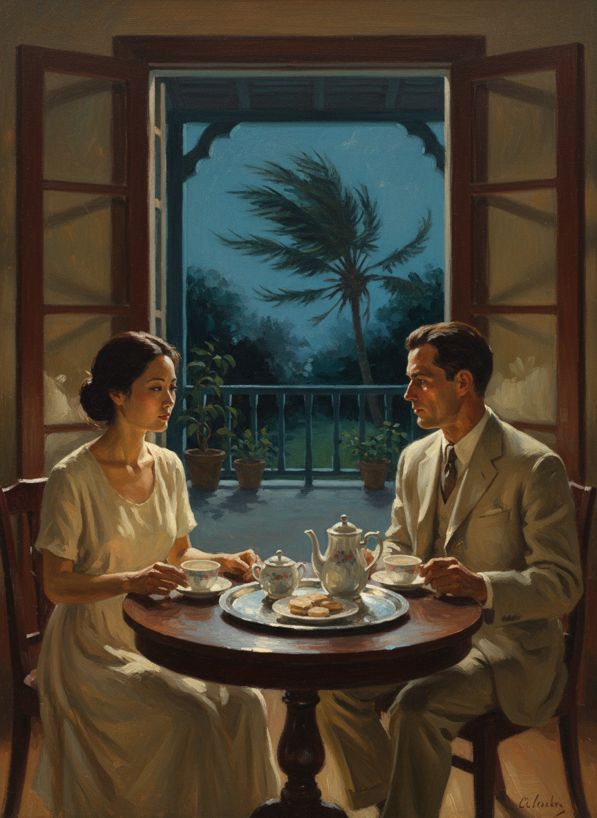 They drank the tea in silence, though neither could eat a biscuit, and the silence stretched on after the tea was finished, he shifting his gaze to her and she keeping hers steadfastly on the breezy antics of a baby palm outside the road-veranda doors.