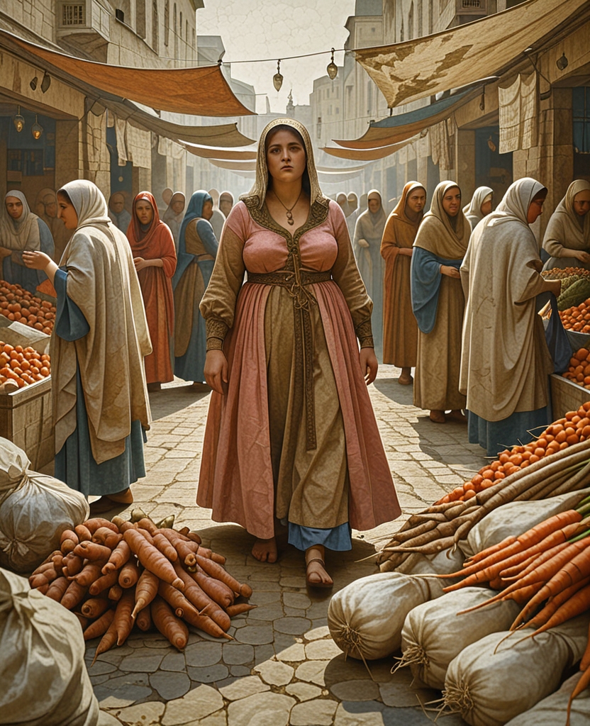Esther was all atwitter in the pink dress she was forced to wear as a Jew, with her large and lively body, her mouth which never stopped moving, and her eyebrows and eyes which twitched madly and signaled to me; indeed, this is how she was among the shopping slave women, the women wearing the faded and loose caftans of poor neighborhoods and among the crowds that had lost themselves amid carrots, quinces and small bundles of onions and turnips.