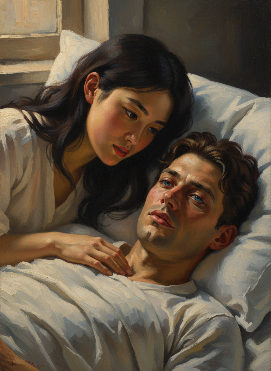 She looked down into his eyes and saw the same love in their blueness which had warmed her, given her purpose since childhood; and with it a great, shadowed fatigue.