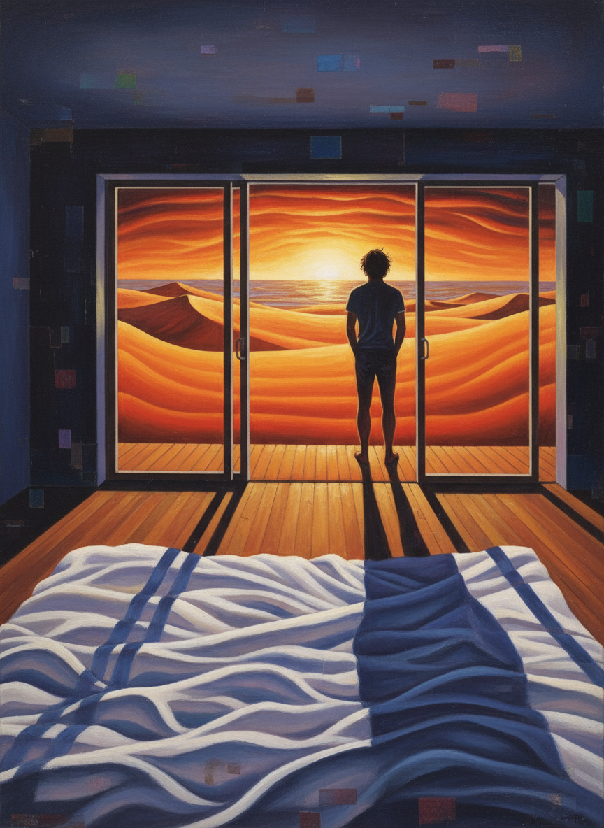 Already the pain of parting; just because he had left the bed; she lay watching him as he walked to the sliding doors giving onto the beach, stepped outside and paused.