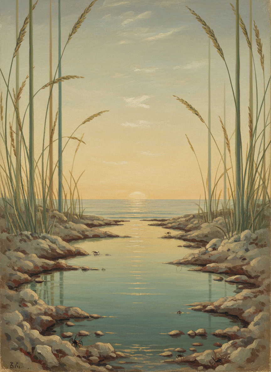 The tide was in, the reef covered, the early sun hot but the restless summer wind cool; coarse grass sent feelers down onto the crumbling, unsandlike sand, where crabs and insects scuttled after pickings.