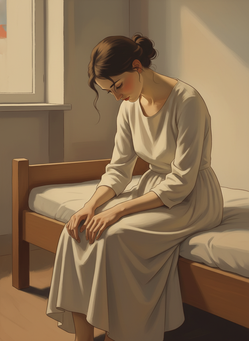 The moment she thought her legs would hold her up she wobbled to the bed and sat on it, her head bowed, looking at her quivering hands.