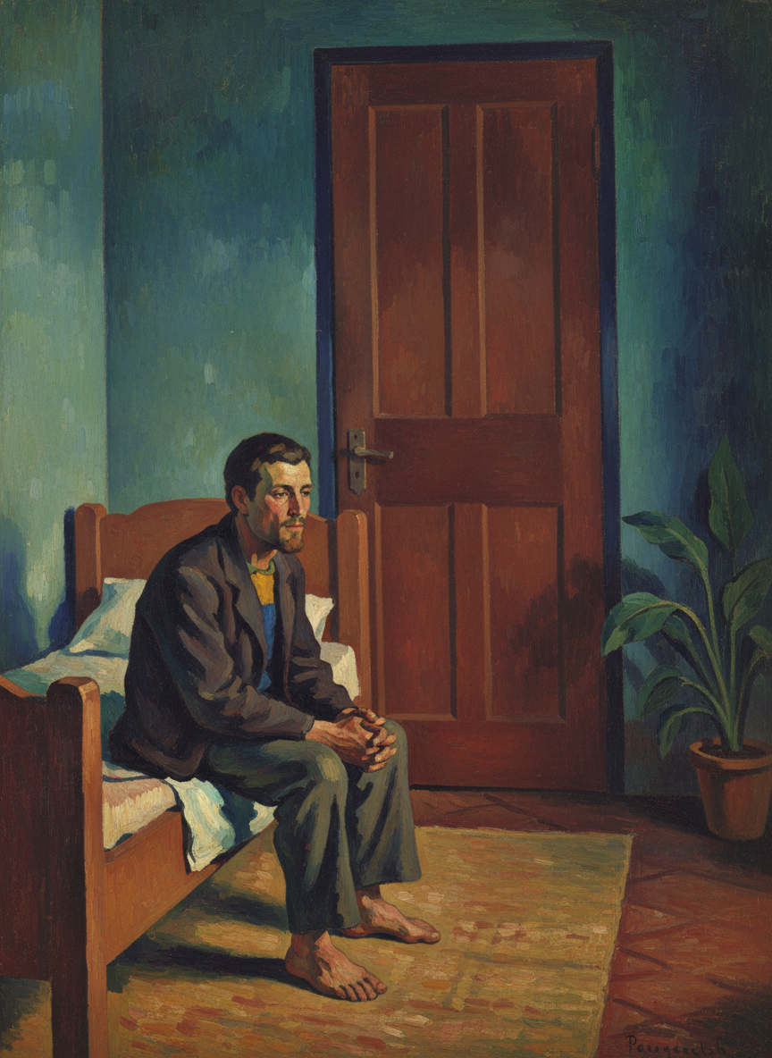 After she had gone he sat on the edge of the bed staring at the closed door for a long while.