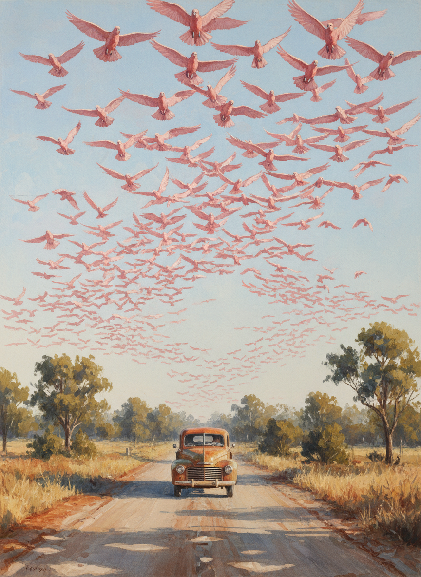 Galahs, soaring in pink waves of undersides above the truck.