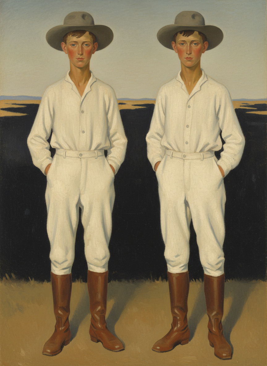 Already they looked like juvenile Bobs, Jacks and Hughies, in what was gradually replacing the old-fashioned grey twill and flannel as the uniform of the Great Northwest grazier: white moleskin breeches, white shirt, a flat-crowned grey felt hat with a broad brim, and ankle-high elastic-sided riding boots with flat heels.