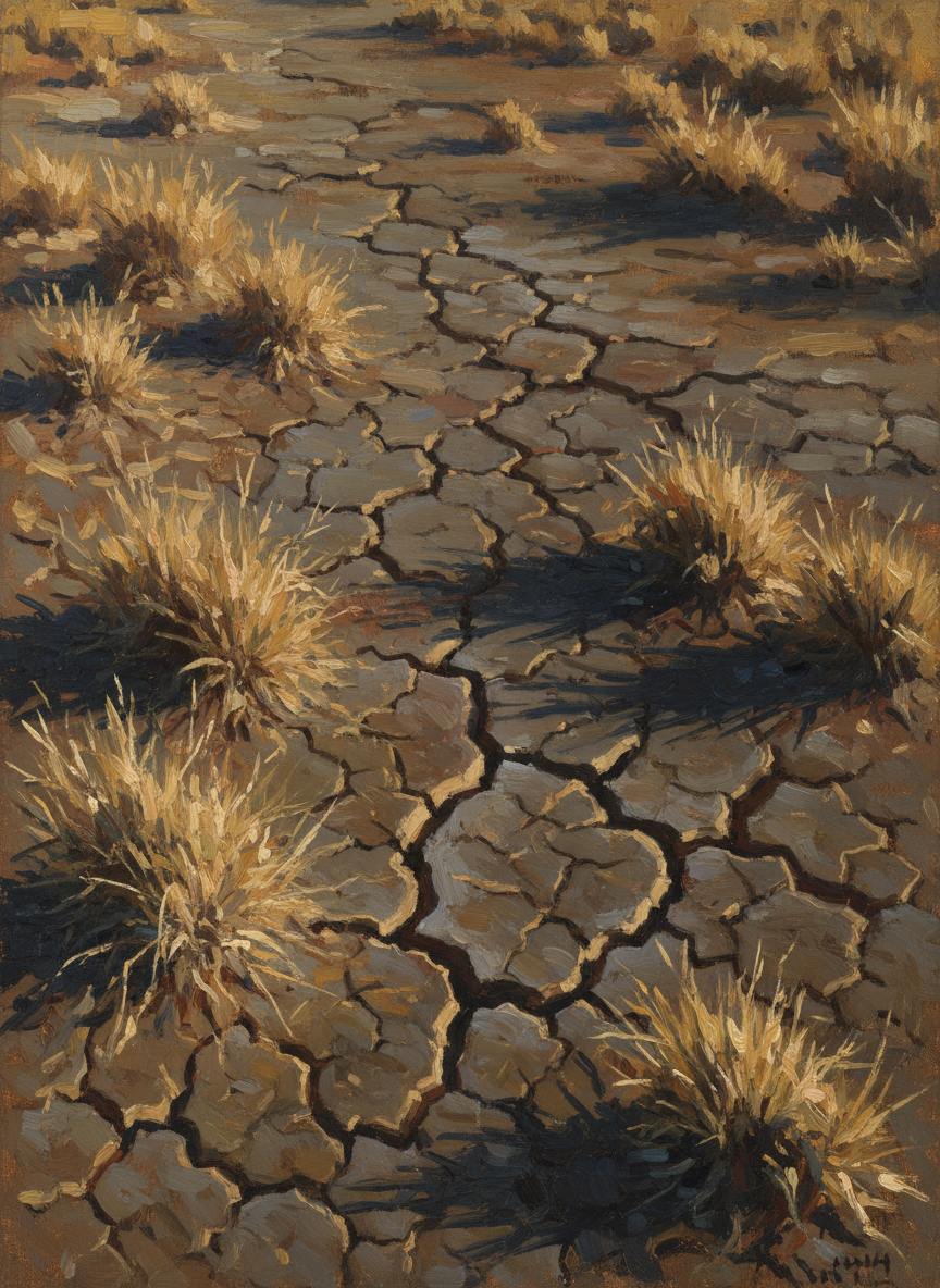 The grass was patchy now; in between its tussocks the dark ground showed, cracked into a fine network of fissures gaping like parched mouths.