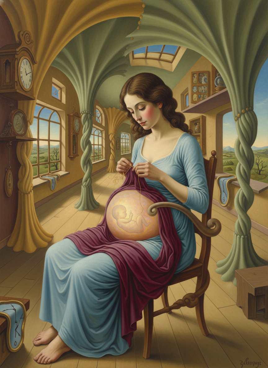 Smith, Minnie and Cat, sewing or knitting for the little thing squirming inside her.