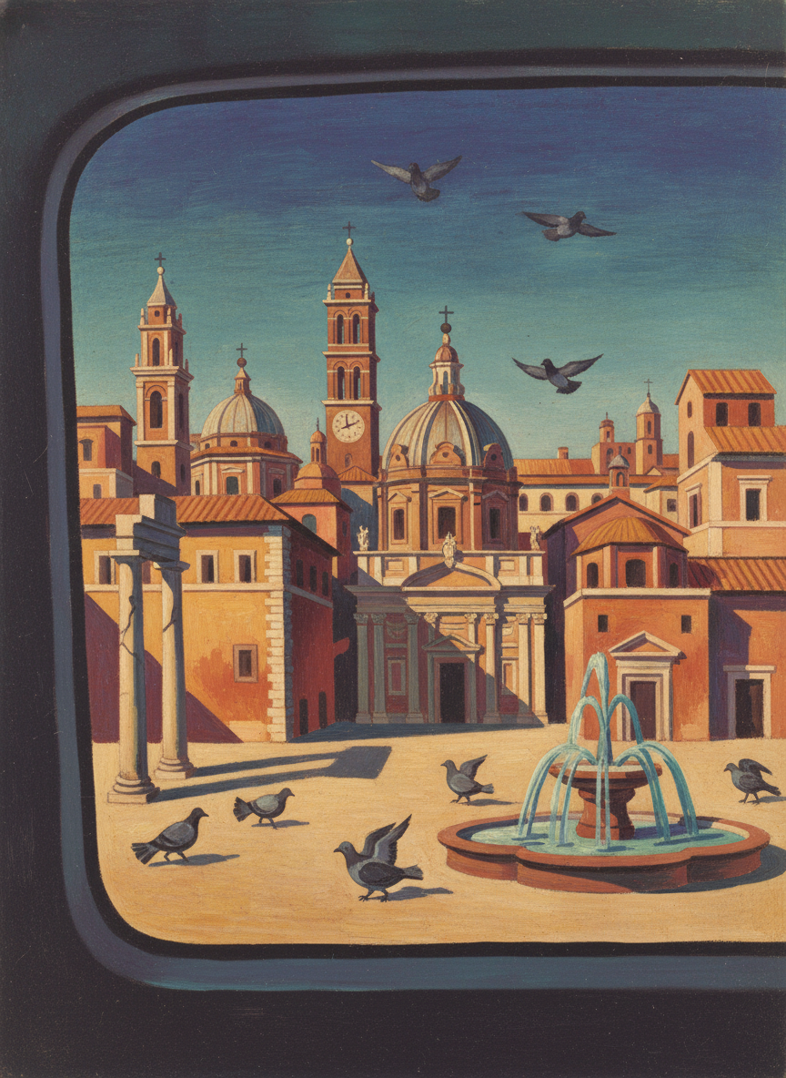 It was truly that, he thought, staring out of the taxi windows at the campaniles and domes, and pigeon-strewn plazas, the ambitious fountains, the Roman columns with their bases buried deep in the centuries.