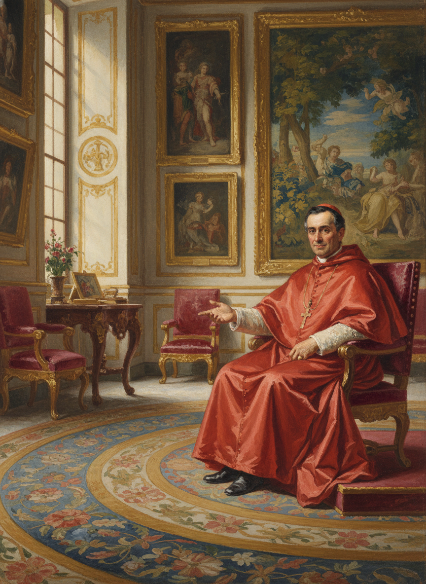 In a room of ivory and gold, rich with color from tapestries and pictures, French carpeted and furnished, everywhere touches of crimson, sat Vittorio Scarbanza, Cardinal di Contini-Verchese.