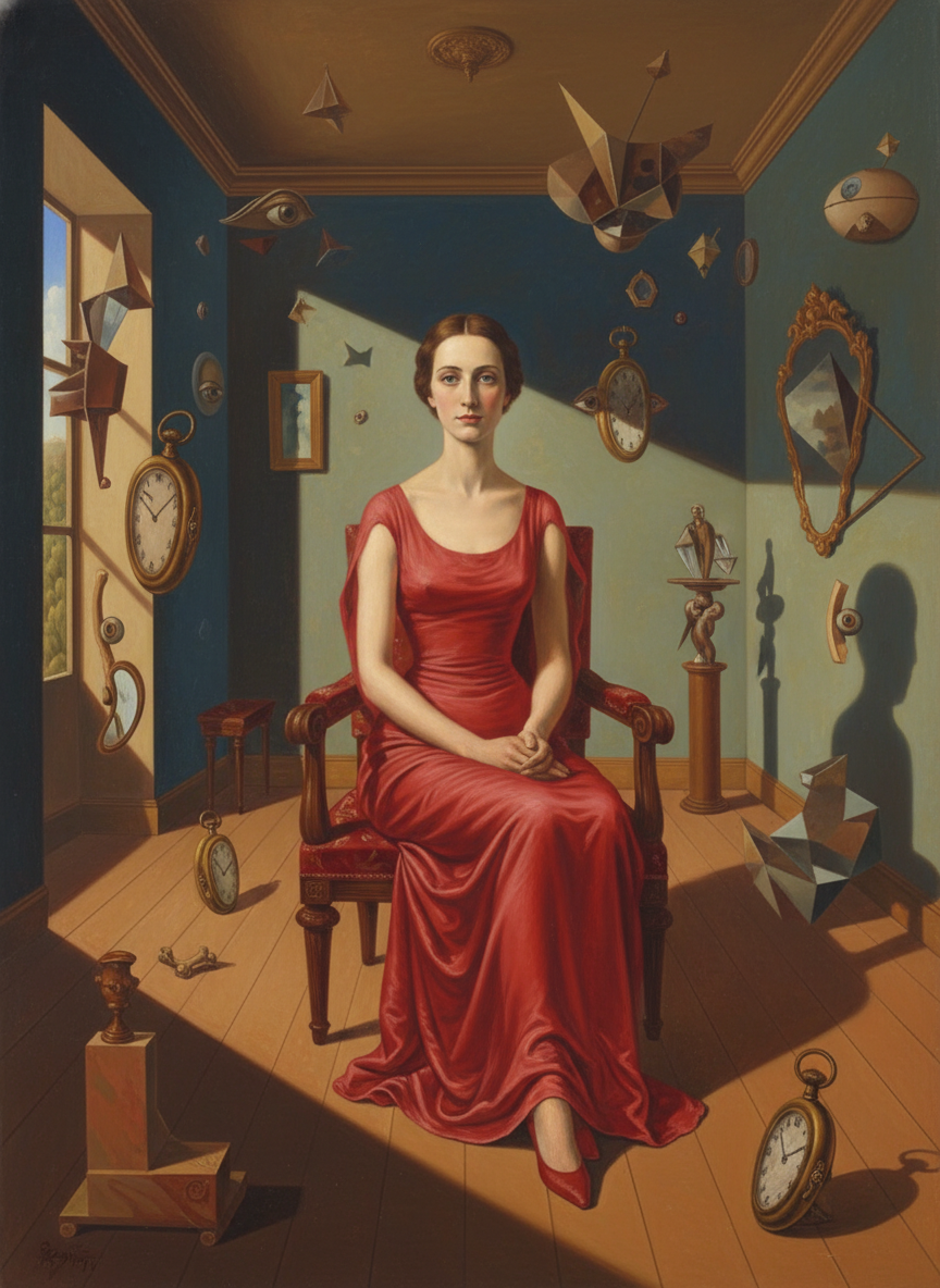 So he sat down not far away, and directly opposite the slight figure in its scarlet moiré, the color changing yet not changing, of a quality which made its edges fuse with the surroundings rather than stand out from them.