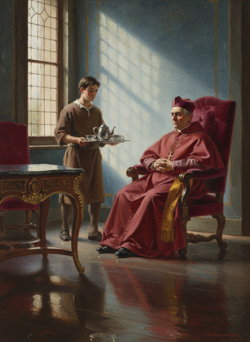 There was a discreet knock on the door; Cardinal Vittorio sat silently and watched the tea tray being carried to a buhl table.