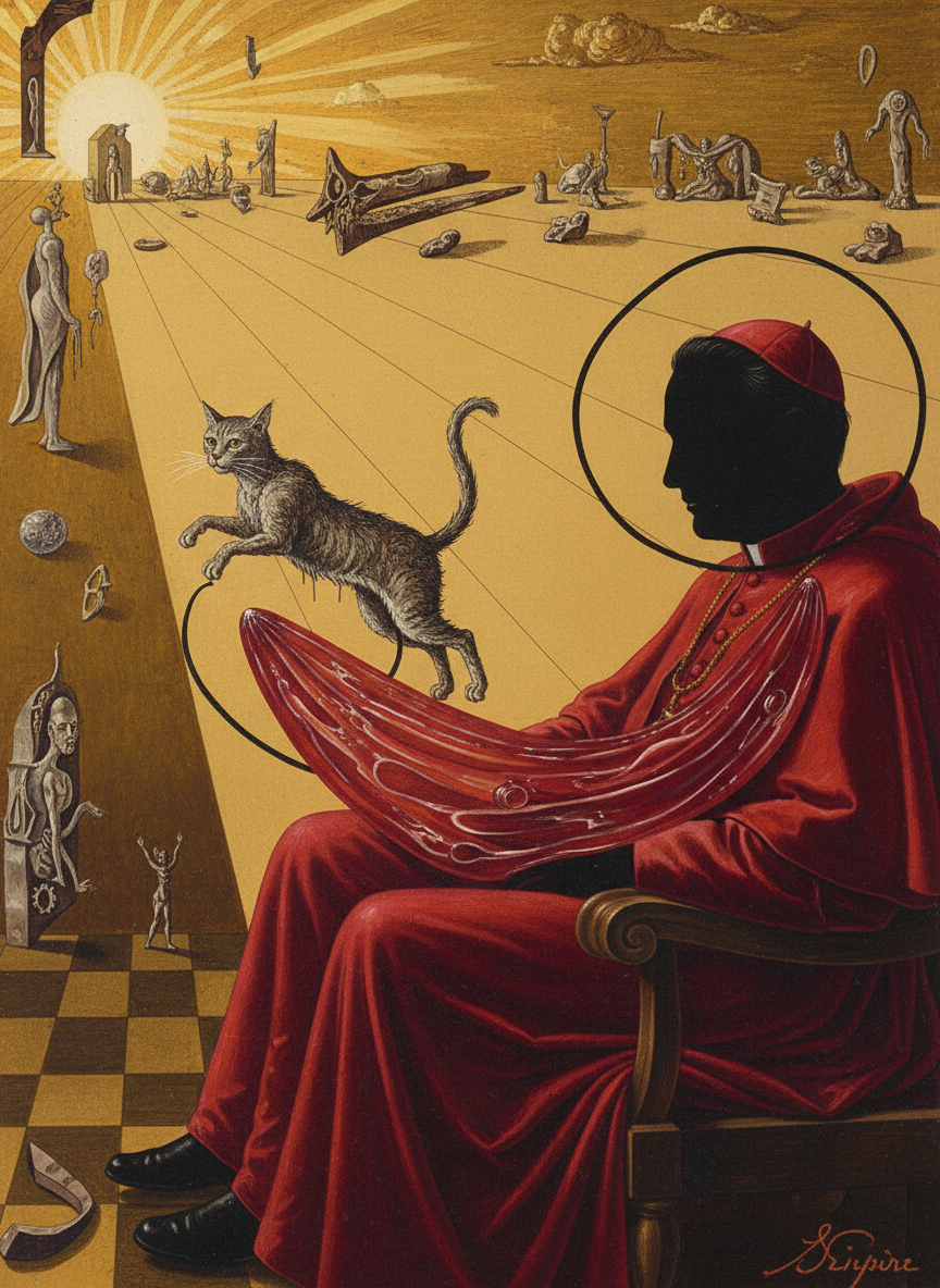 His Eminence’s cat stalked out of the sunny corner where it had been sleeping, and jumped upon the scarlet shimmering lap a little awkwardly, for it was old.