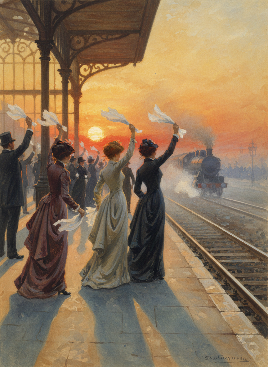 everyone called, and waved big white handkerchiefs until the train was a smoky streak in the shimmering sunset distance.