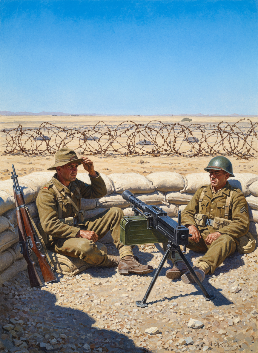 They were comfortably disposed in a dry, gravelly dugout just opposite the mines and barbed wire which cut off the southwest corner of the perimeter; on the other side Rommel hung doggedly on to his single piece of the Tobruk territory.