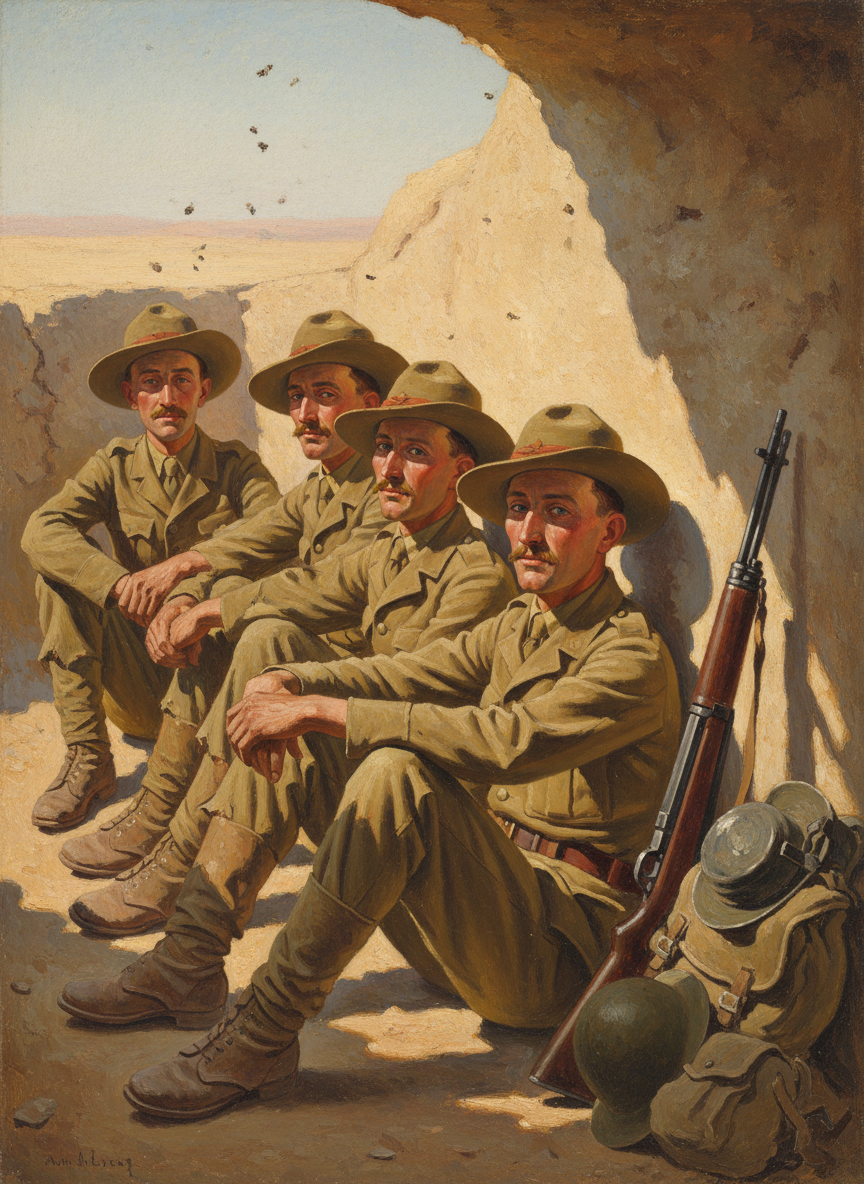 Their rifles were propped against one wall, bayonets glittering in the brilliant Tobruk sun.