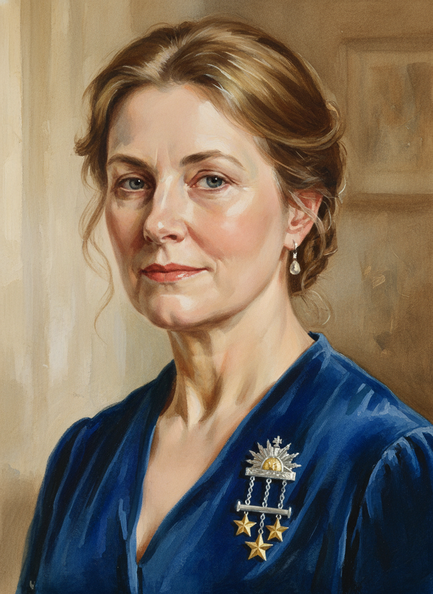 Fee wore a little silver brooch formed into the rising sun emblem of the AIF; suspended on two chains below it was a silver bar, on which she had two gold stars, one for each son under arms.