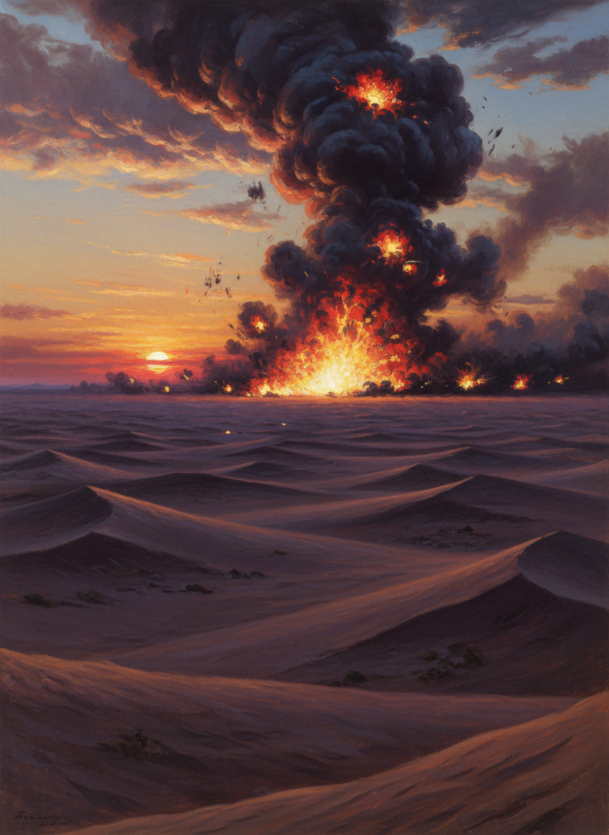 The desert lit not with the light of day but with the fire of the sun itself; a vast billowing cloud of dust rose like coiling smoke thousands of feet, glowing with the flashes of exploding shells and mines, the leaping flames of massive concentrations of detonating casings, igniting payloads.